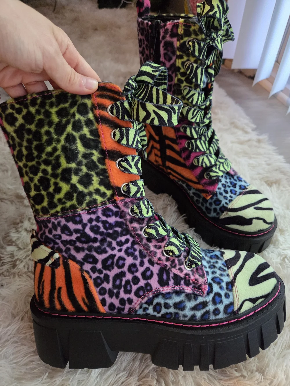 Dollz Kill Bold Multicolor Animal Print Combat Boots - Women